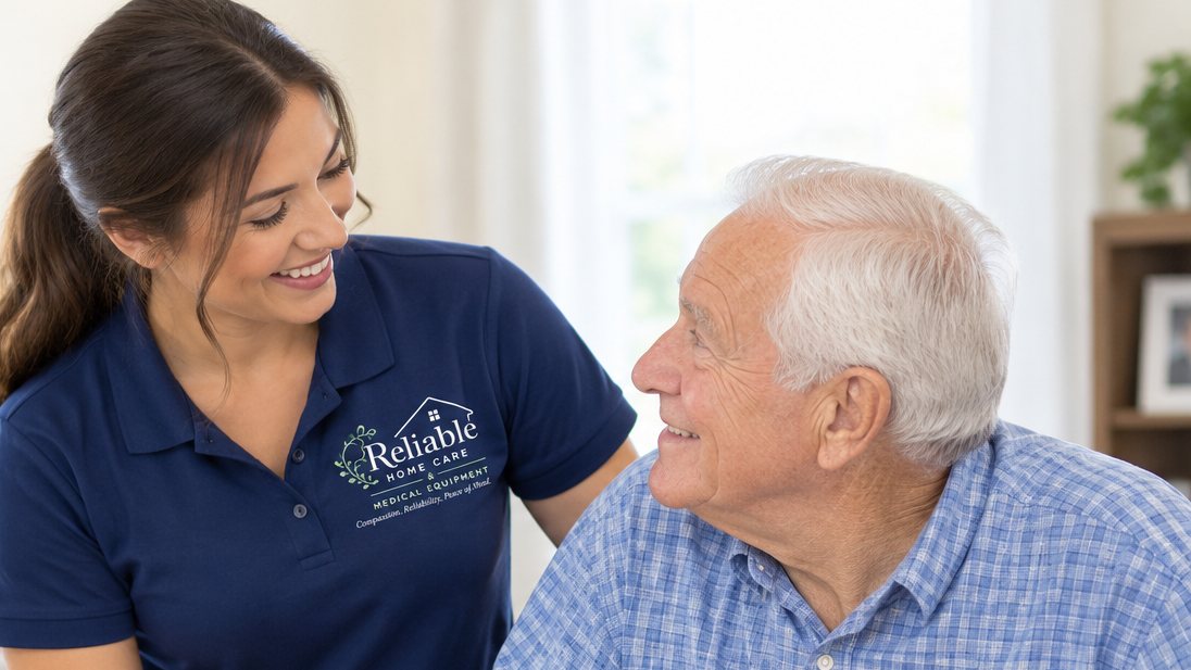 Reliable caregiver helping a smiling senior man with his walker