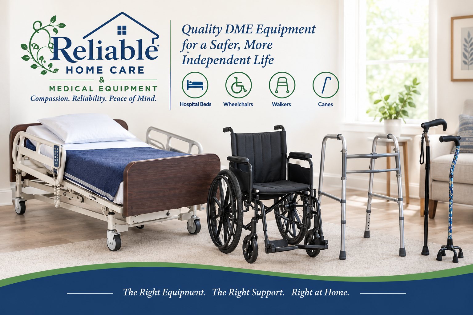 Reliable Home Care & Medical Equipment — quality DME equipment for a safer, more independent life: hospital beds, wheelchairs, walkers, and canes